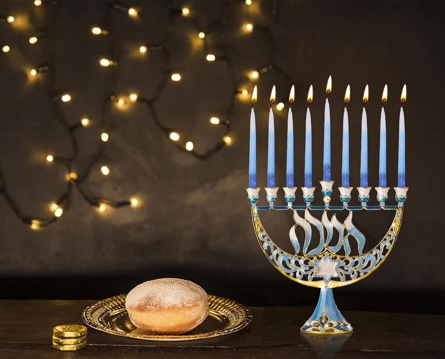 Ner Mitzvah Hanukkah Menorah with Blue Jewels and Star of David