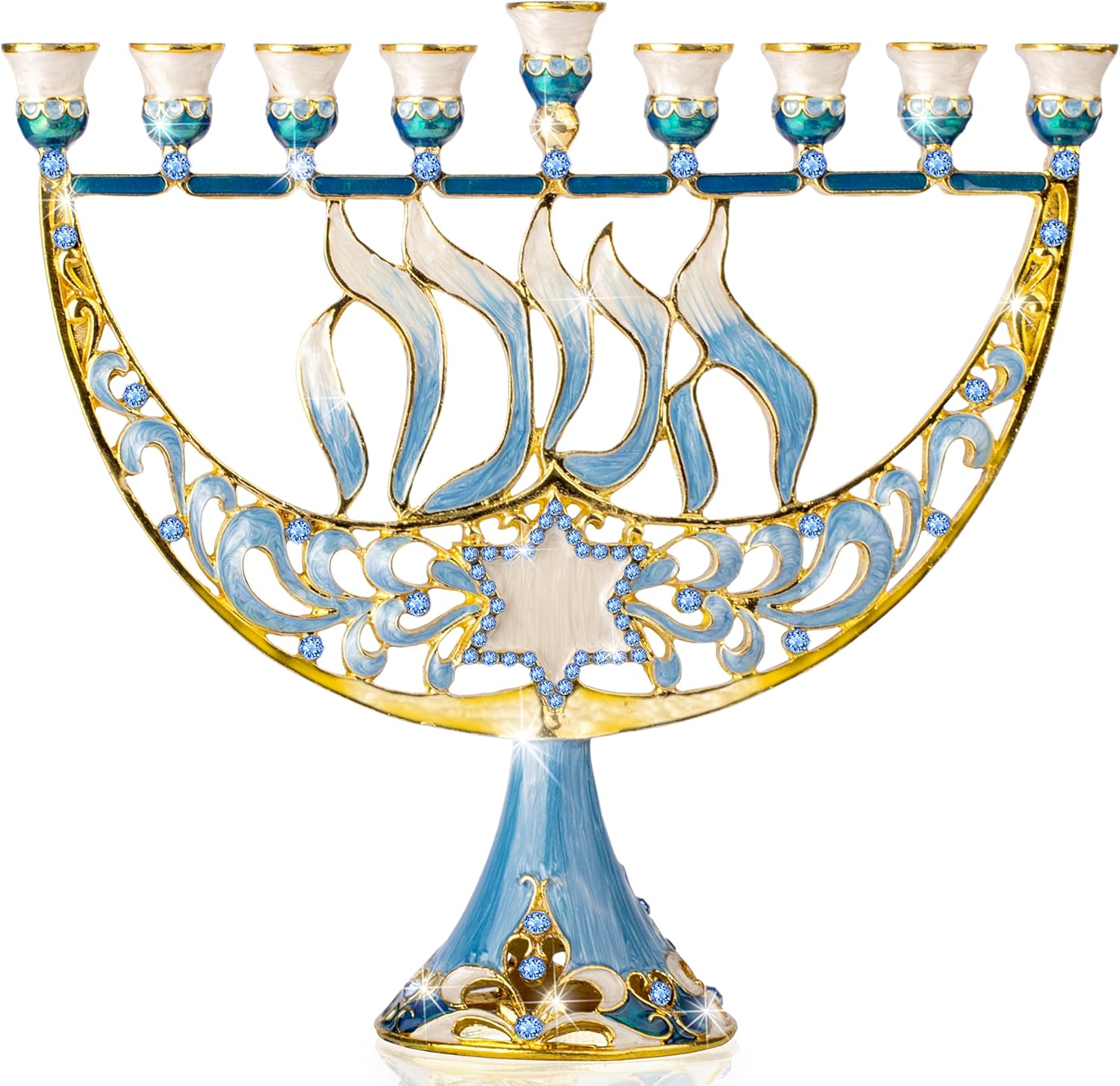 Ner Mitzvah Hanukkah Menorah with Blue Jewels and Star of David