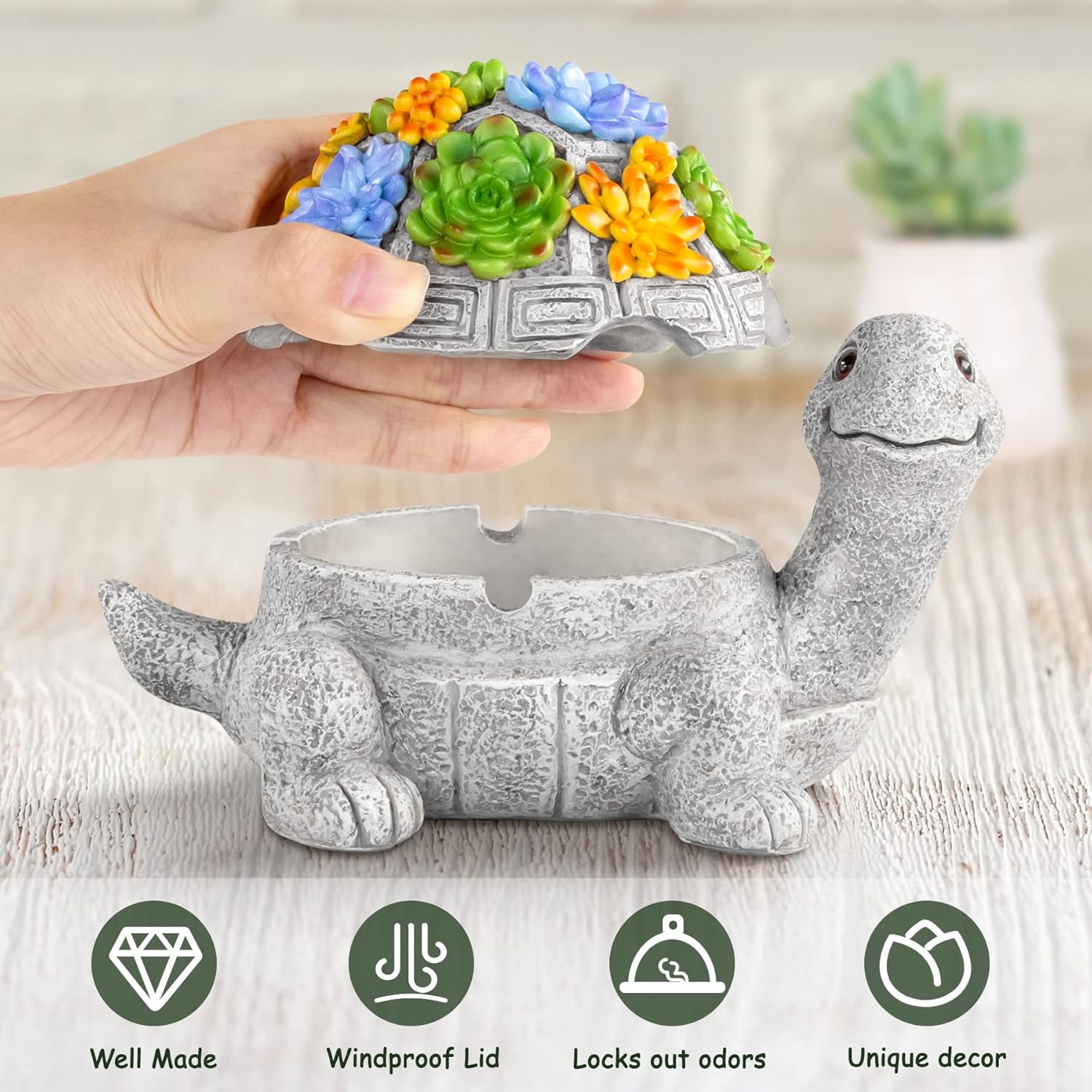 LESES Turtle Ashtray with Lid and Flower Design