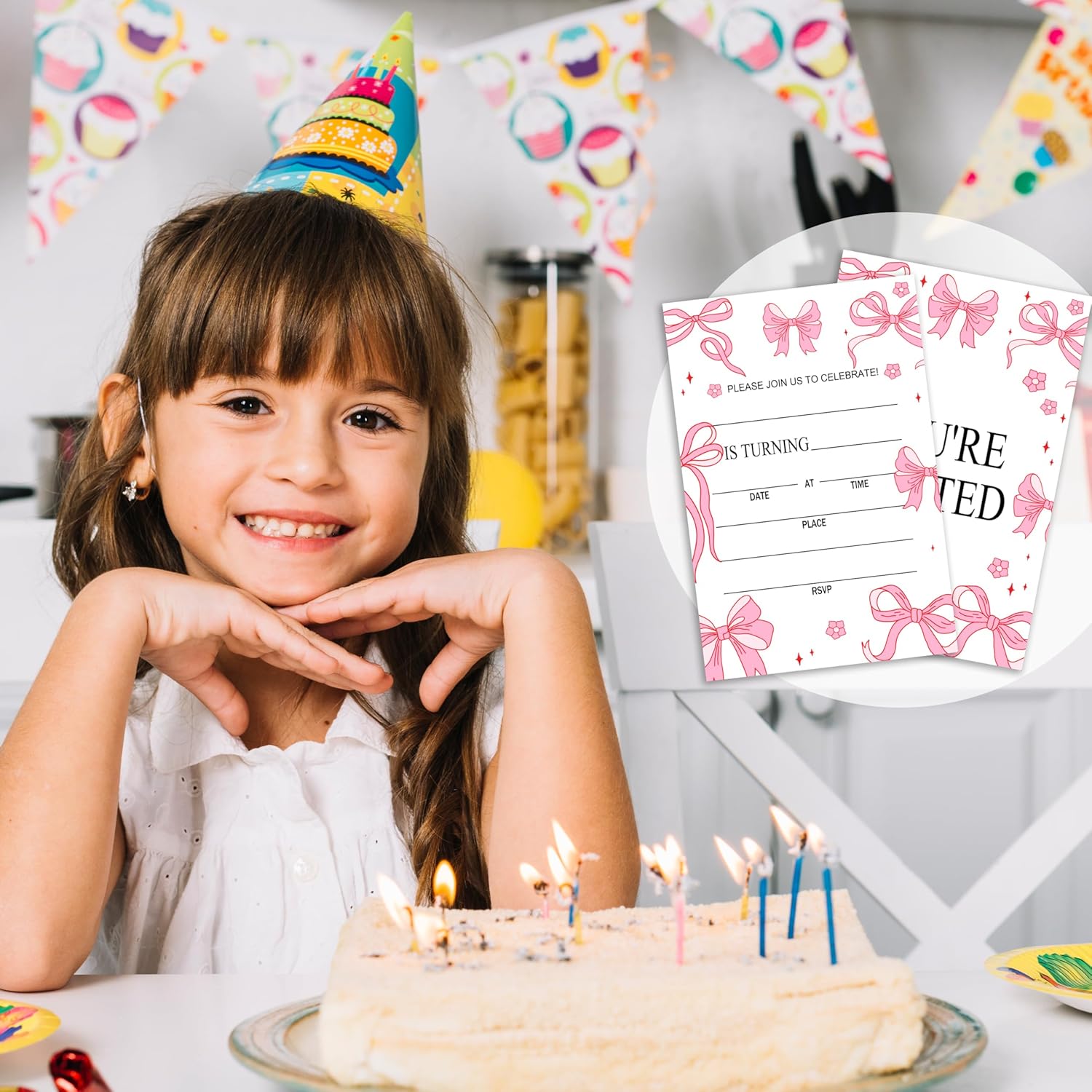 Pink Bow Birthday Invites for Girls 20 Pcs