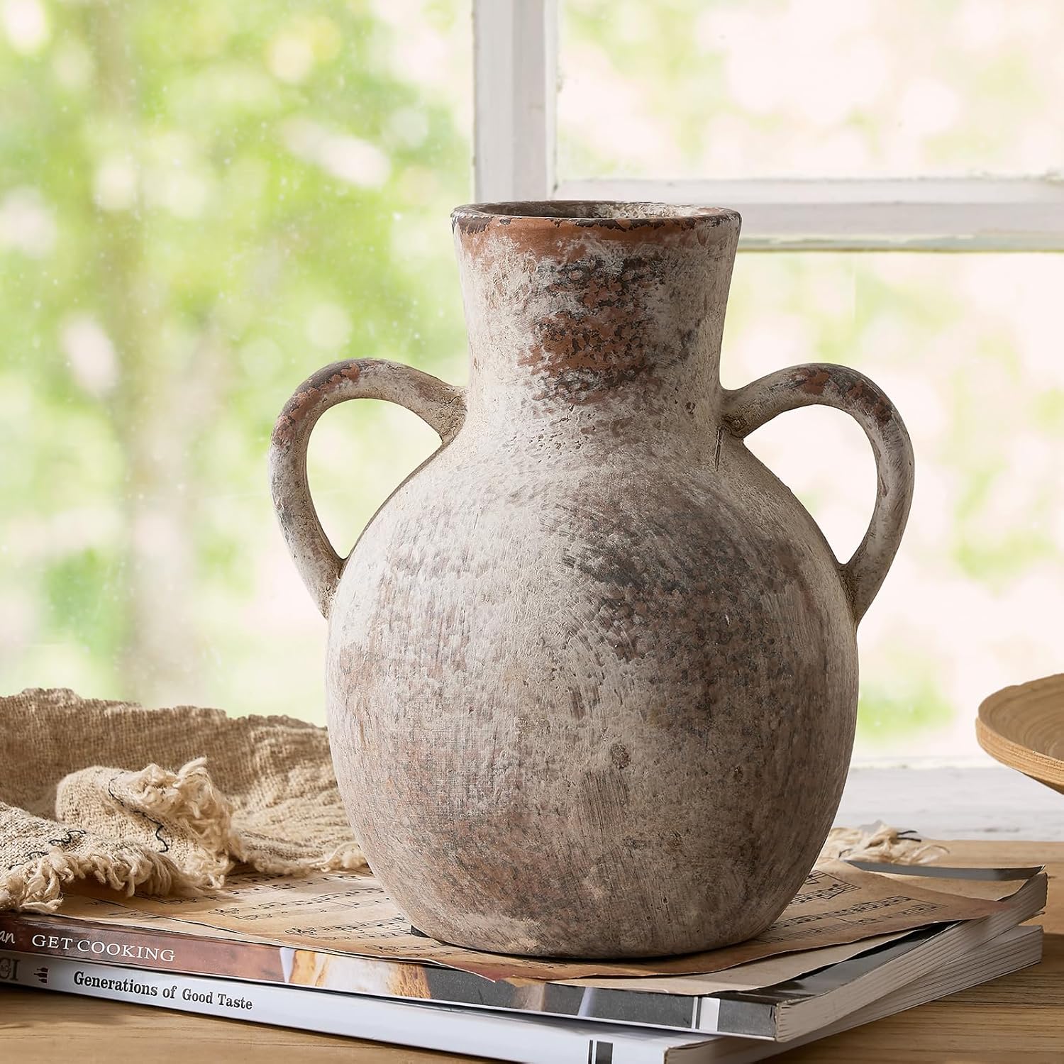 SIDUCAL Rustic Ceramic Flower Vase with Two Handles