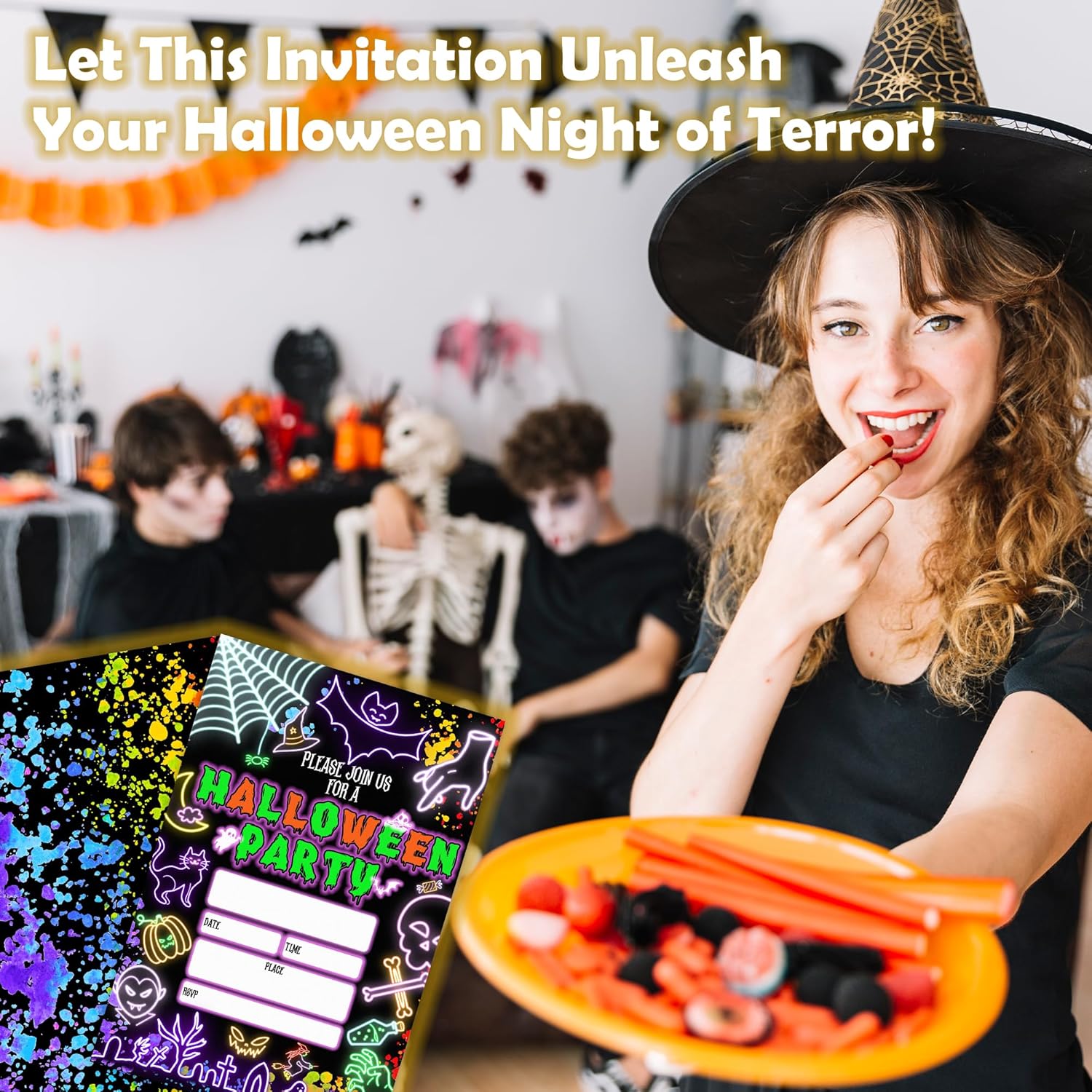 Neon Halloween Party Invites Set of 20 with Envelopes