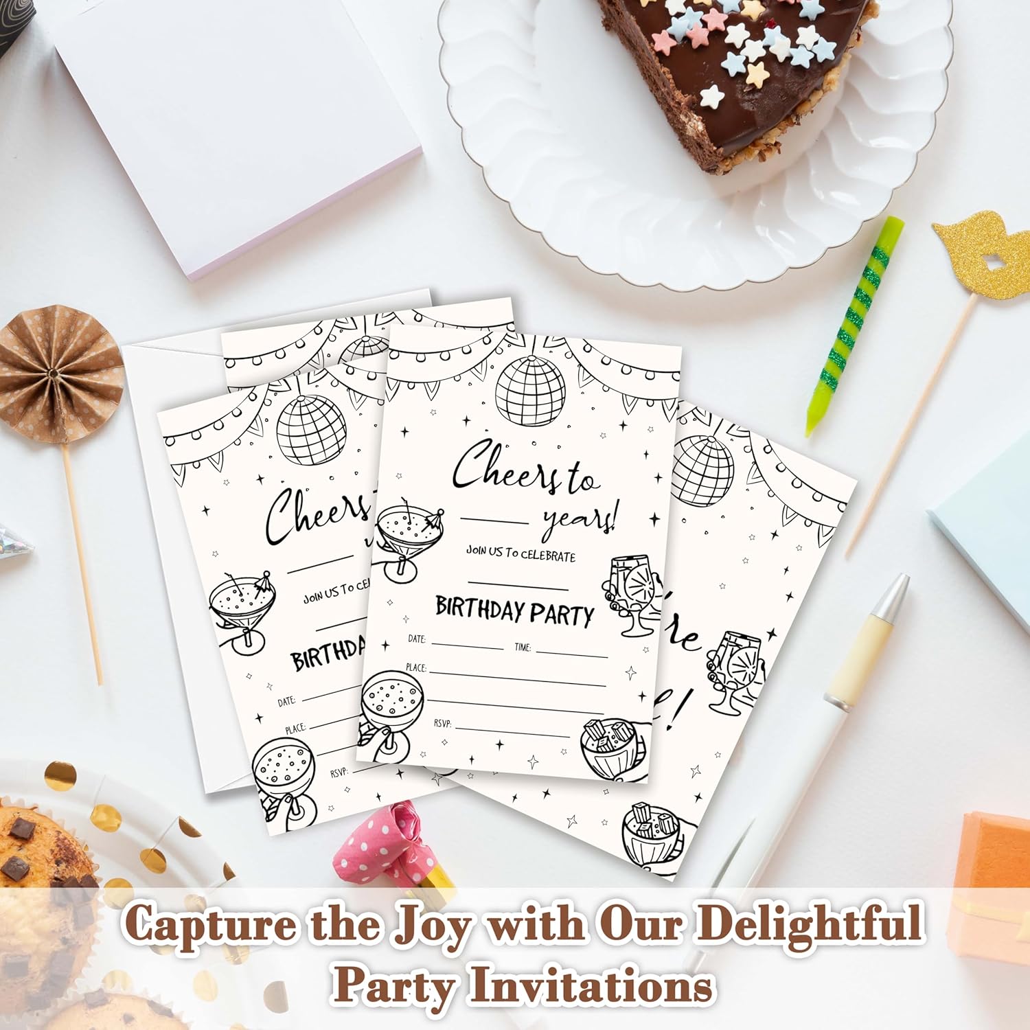 OXRUN Hand Drawn Birthday Invites Set of 20 with Envelopes