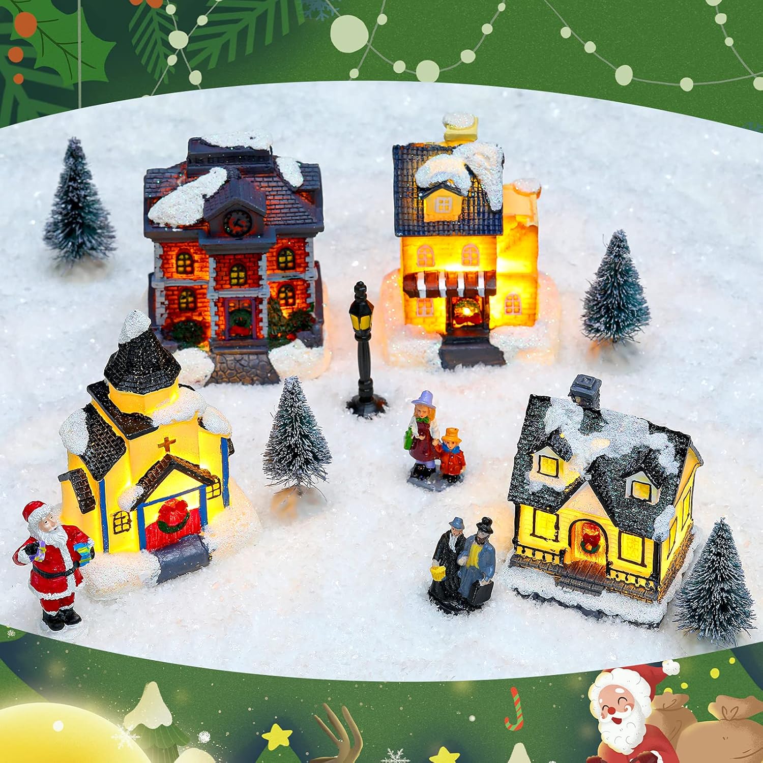 Gejoy 12 Pcs Christmas Village Set LED Lights Figurines Decor