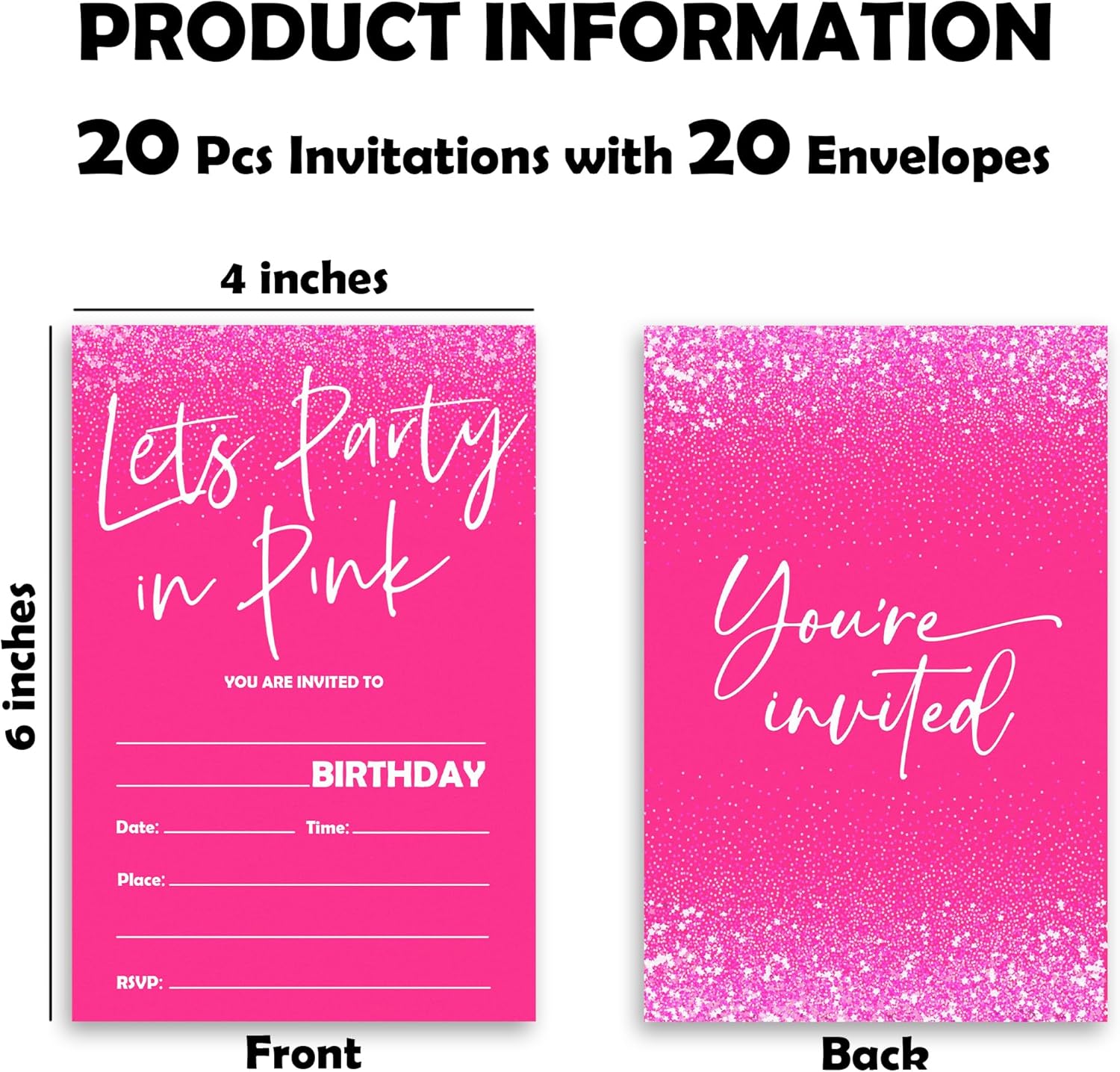 Lets Party Birthday Invites in Pink - 20pcs with Envelopes