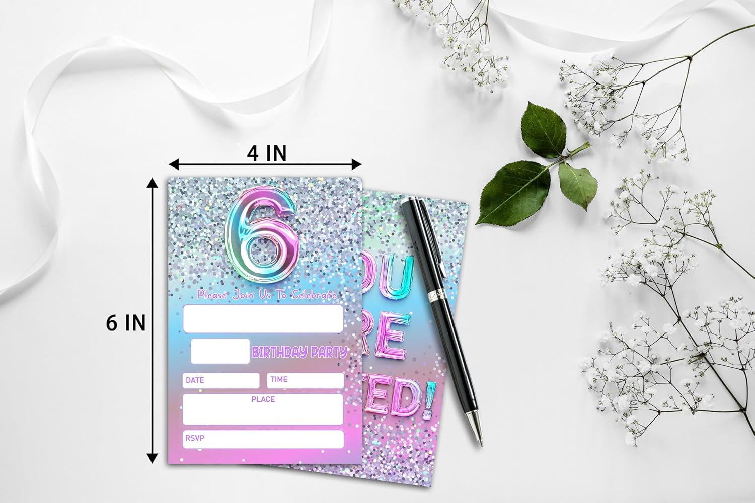 Silver Glitter 6th Birthday Invitations with Rainbow Balloons