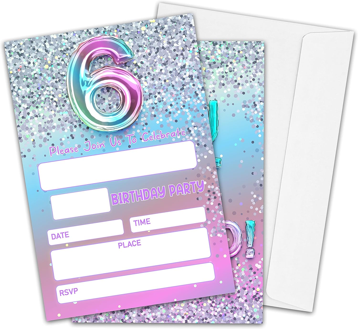 Silver Glitter 6th Birthday Invitations with Rainbow Balloons