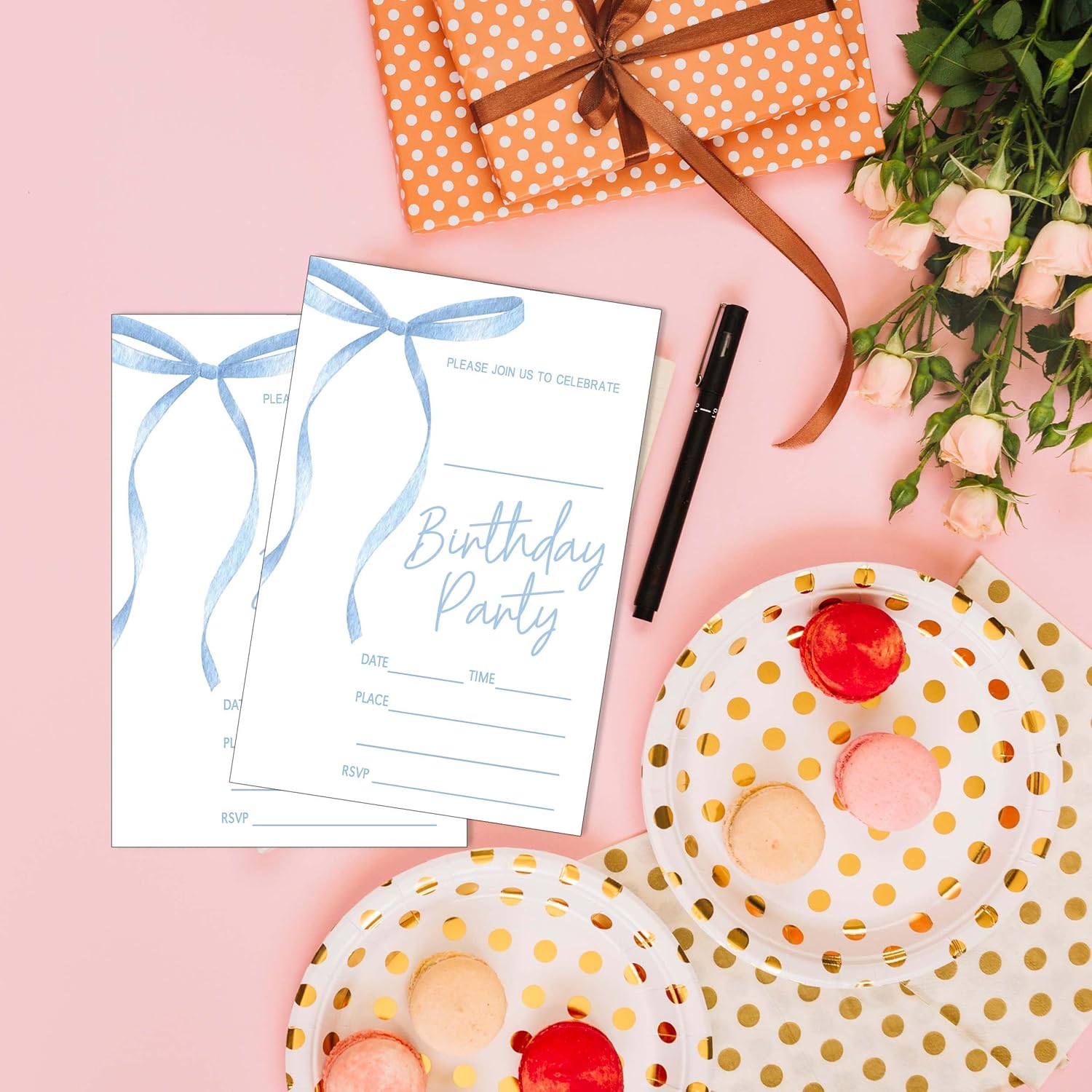 SIXEIGHT Blue Bow Birthday Invitations 4x6