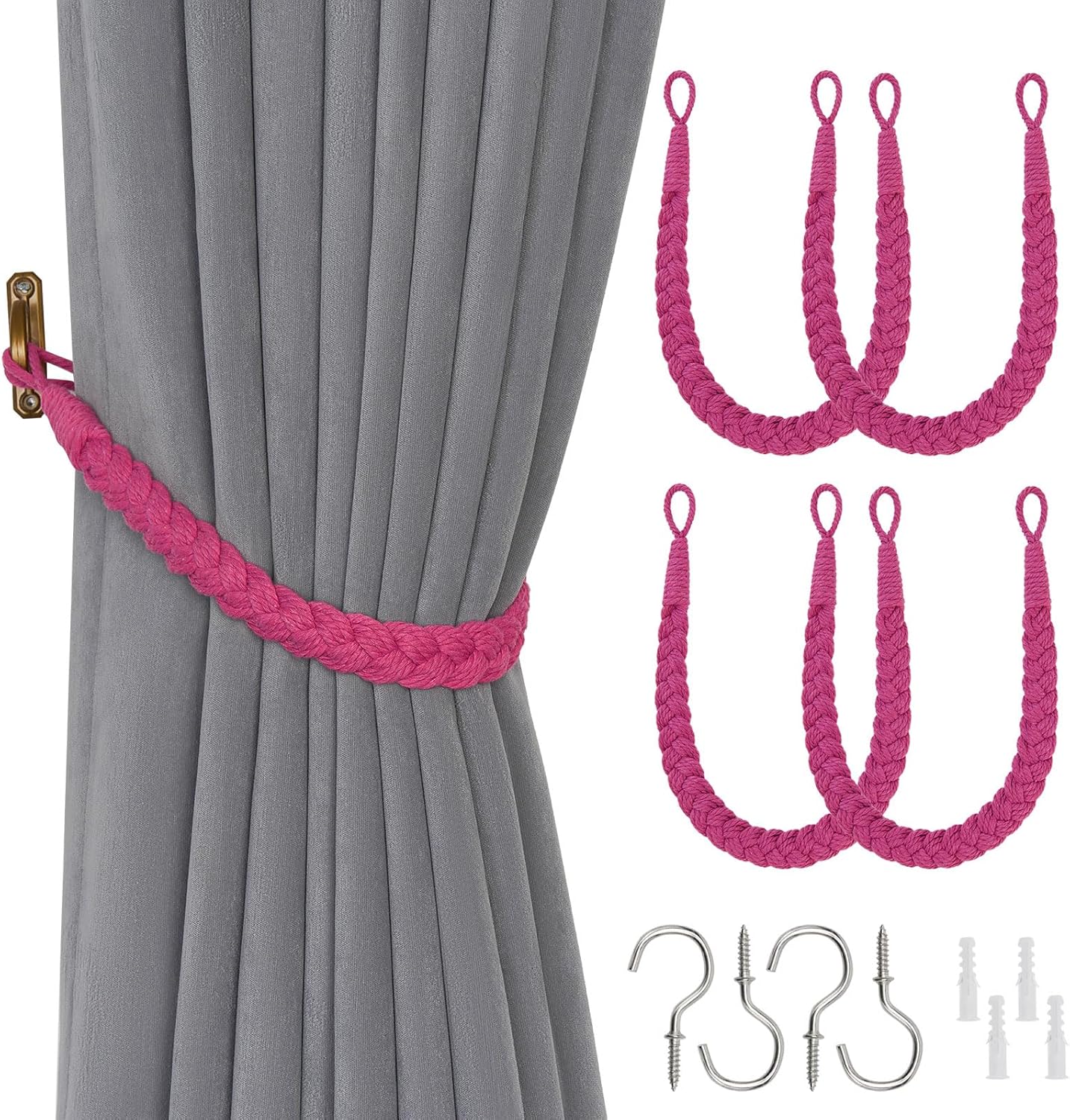 NICEEC 4 Pack Cotton Rope Curtain Tiebacks in Rose Red
