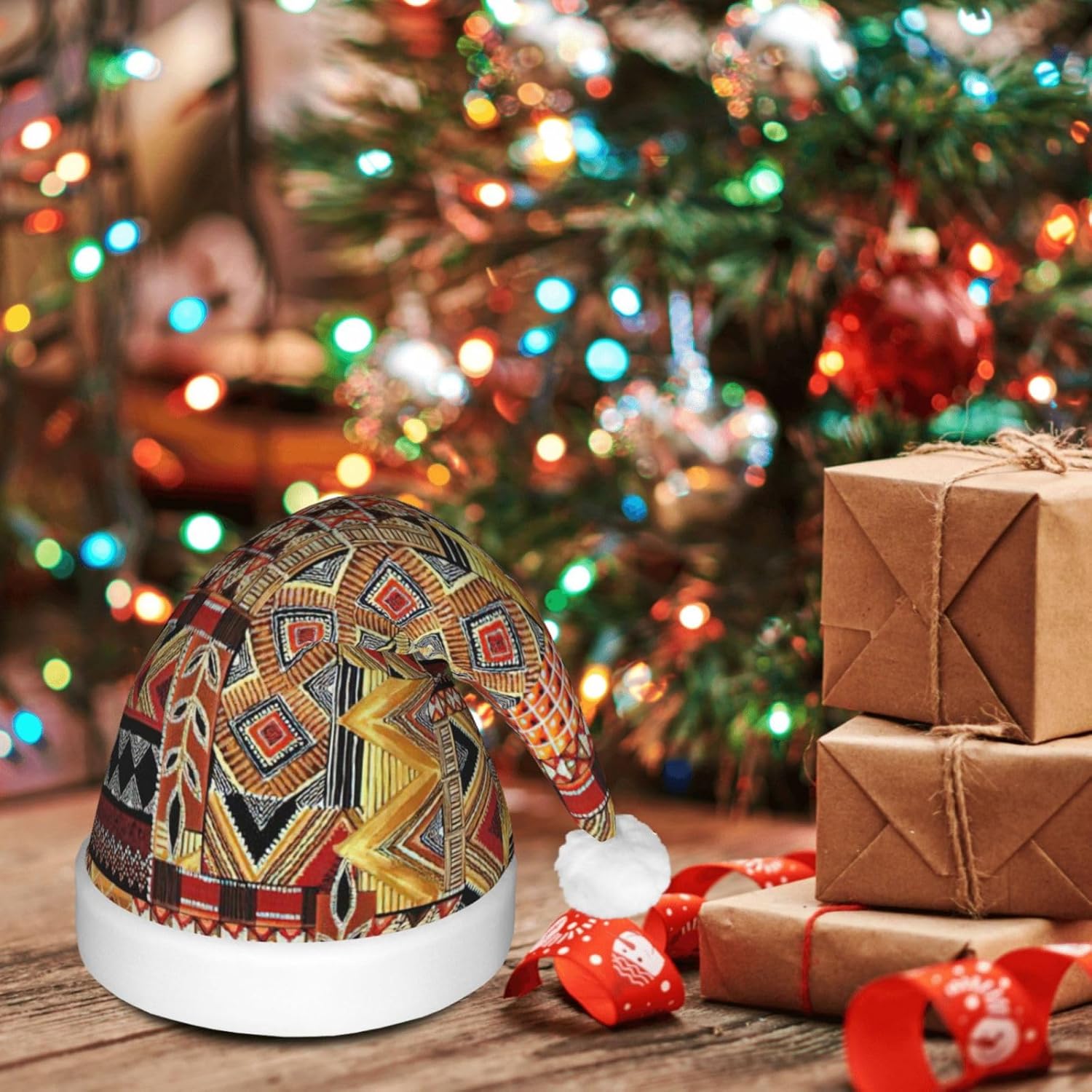 African Textile Patchwork Print LED Christmas Hat for Adults