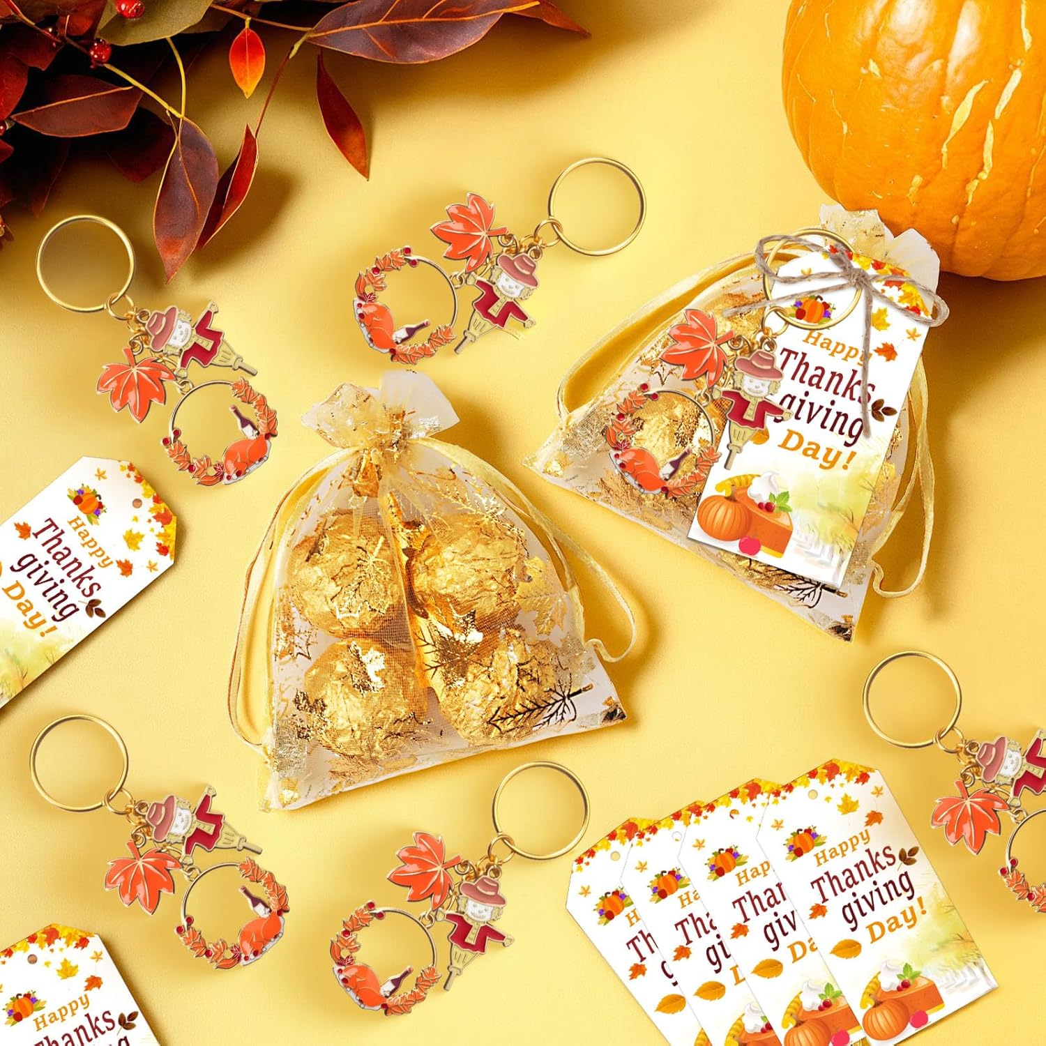 20 Sets Thanksgiving Keychains with Cards and Bags