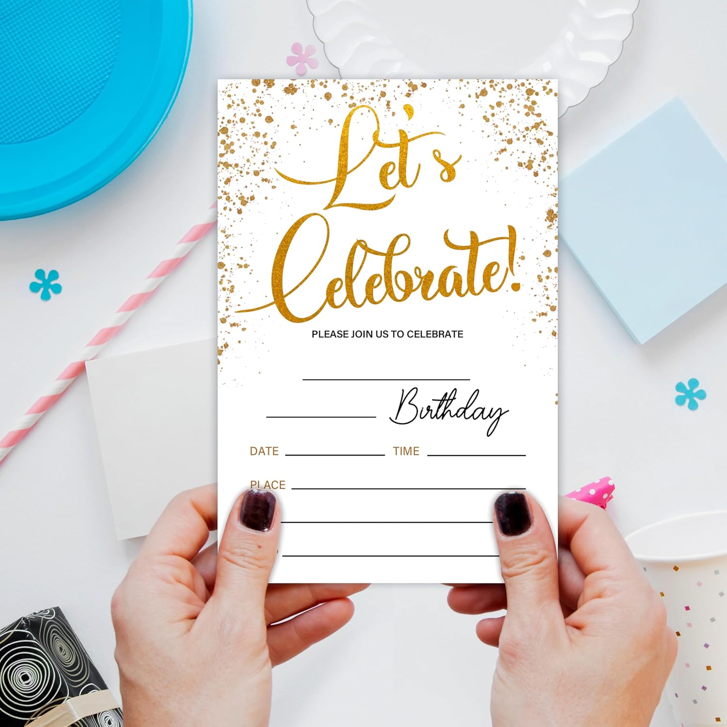 Lets Celebrate Gold Confetti Birthday Invites With Envelopes 20 Pack