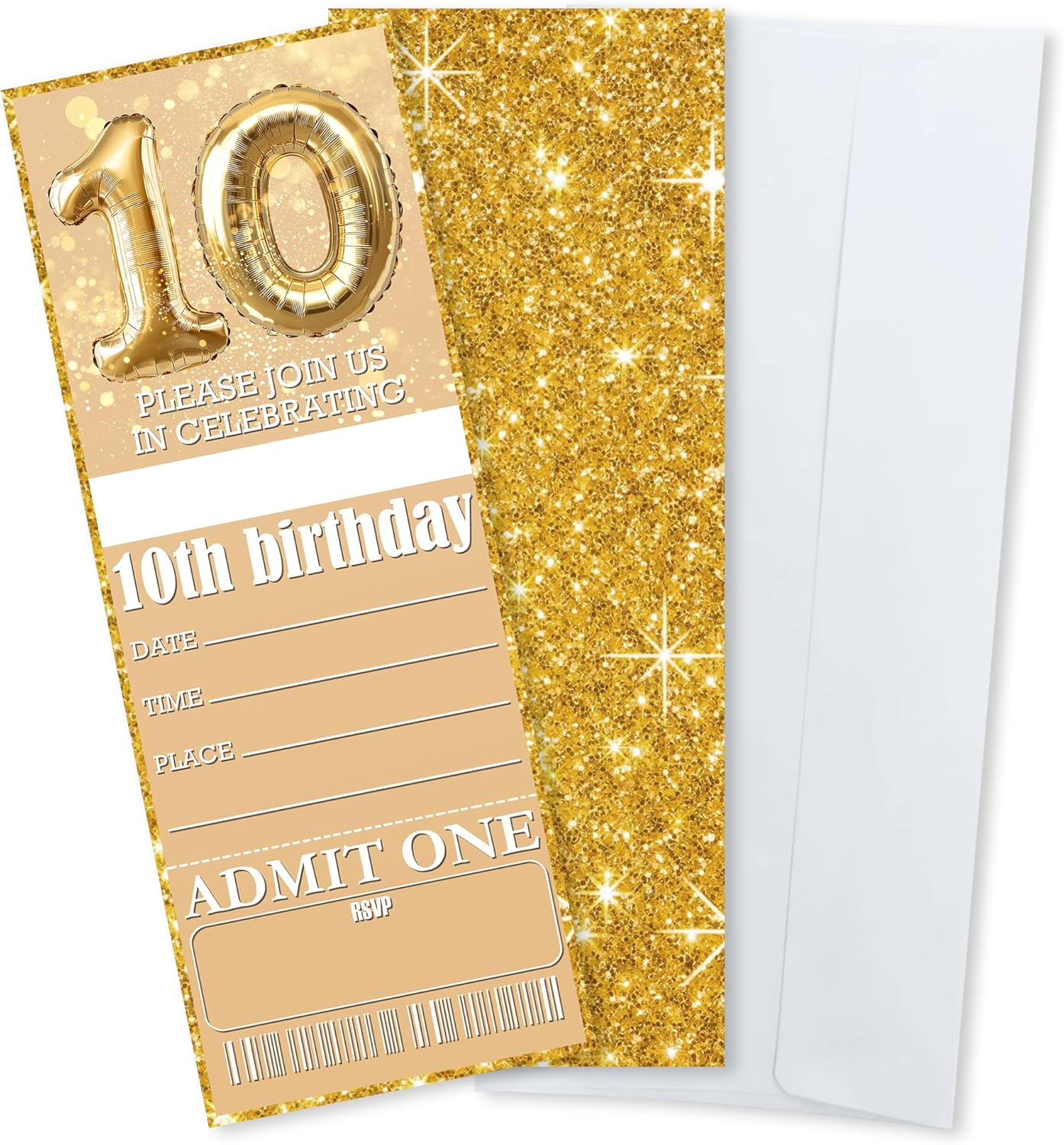 10th Birthday Party Invitations Gold Balloon Glitter Cards