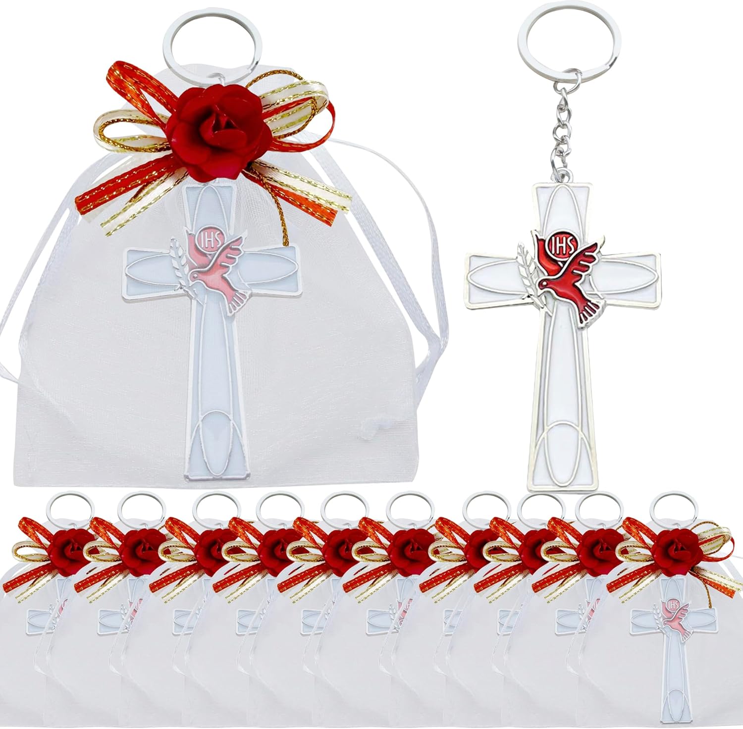 WE 12 Pcs Cross and Dove Key Ring Confirmation Favor