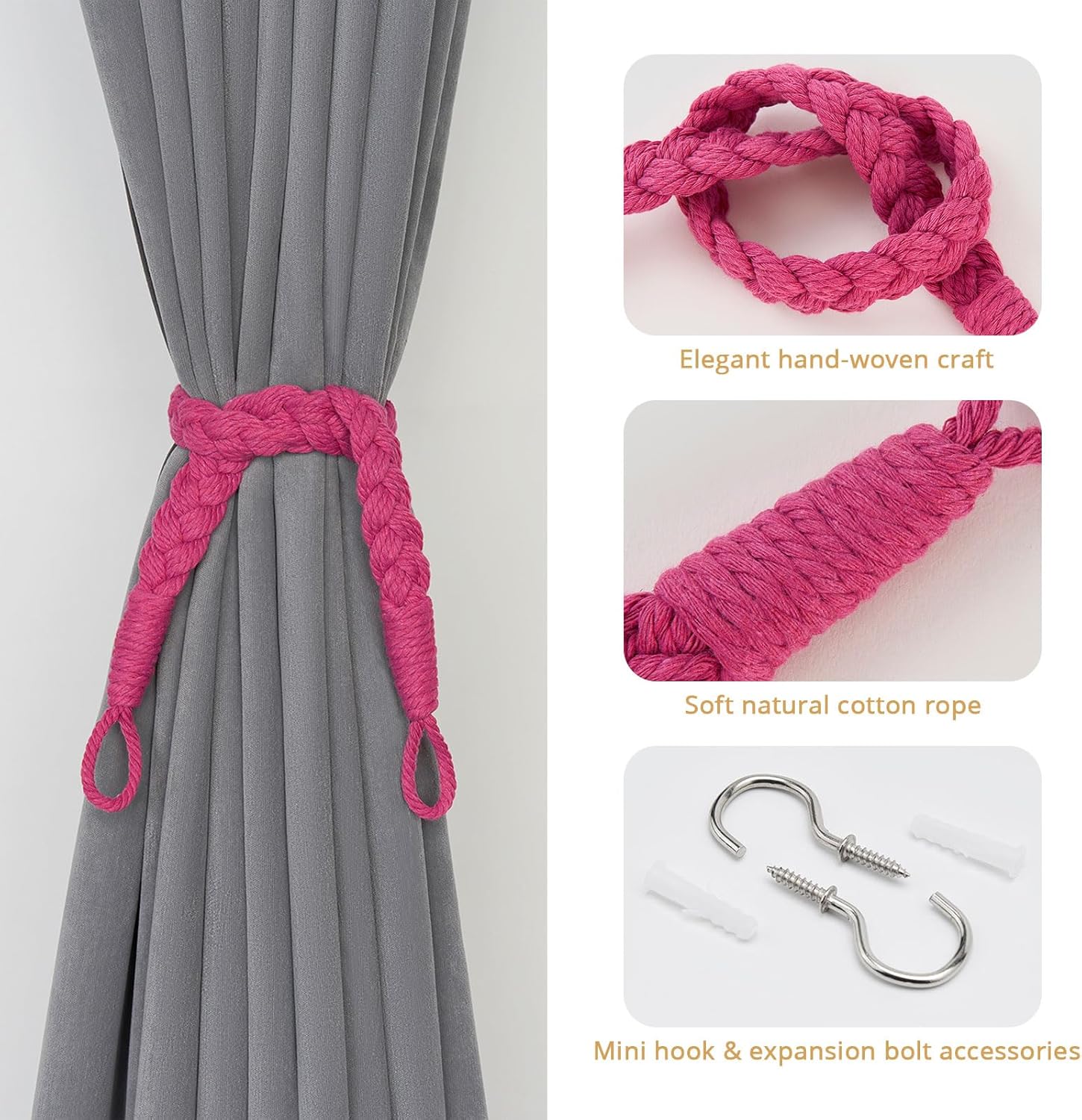 NICEEC 4 Pack Cotton Rope Curtain Tiebacks in Rose Red