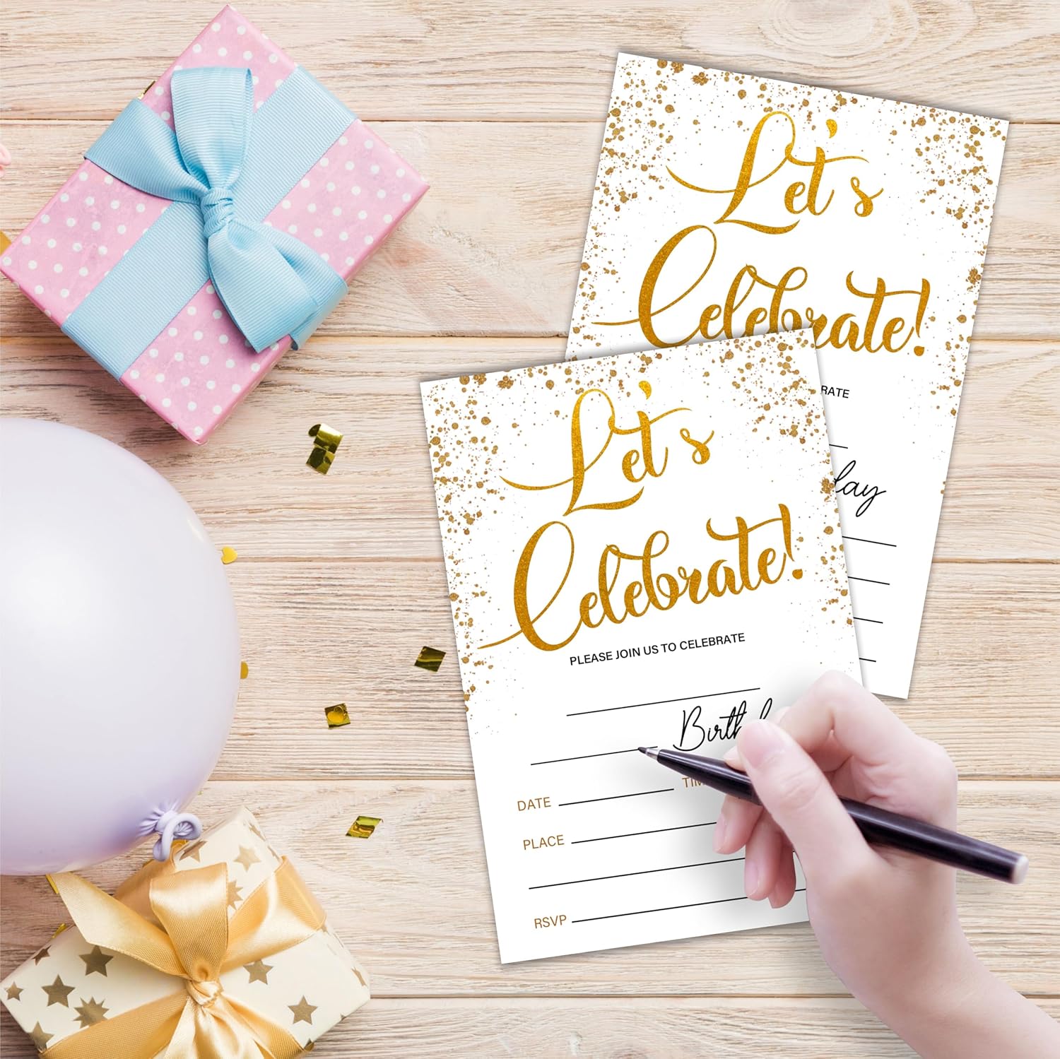 Lets Celebrate Gold Confetti Birthday Invites With Envelopes 20 Pack