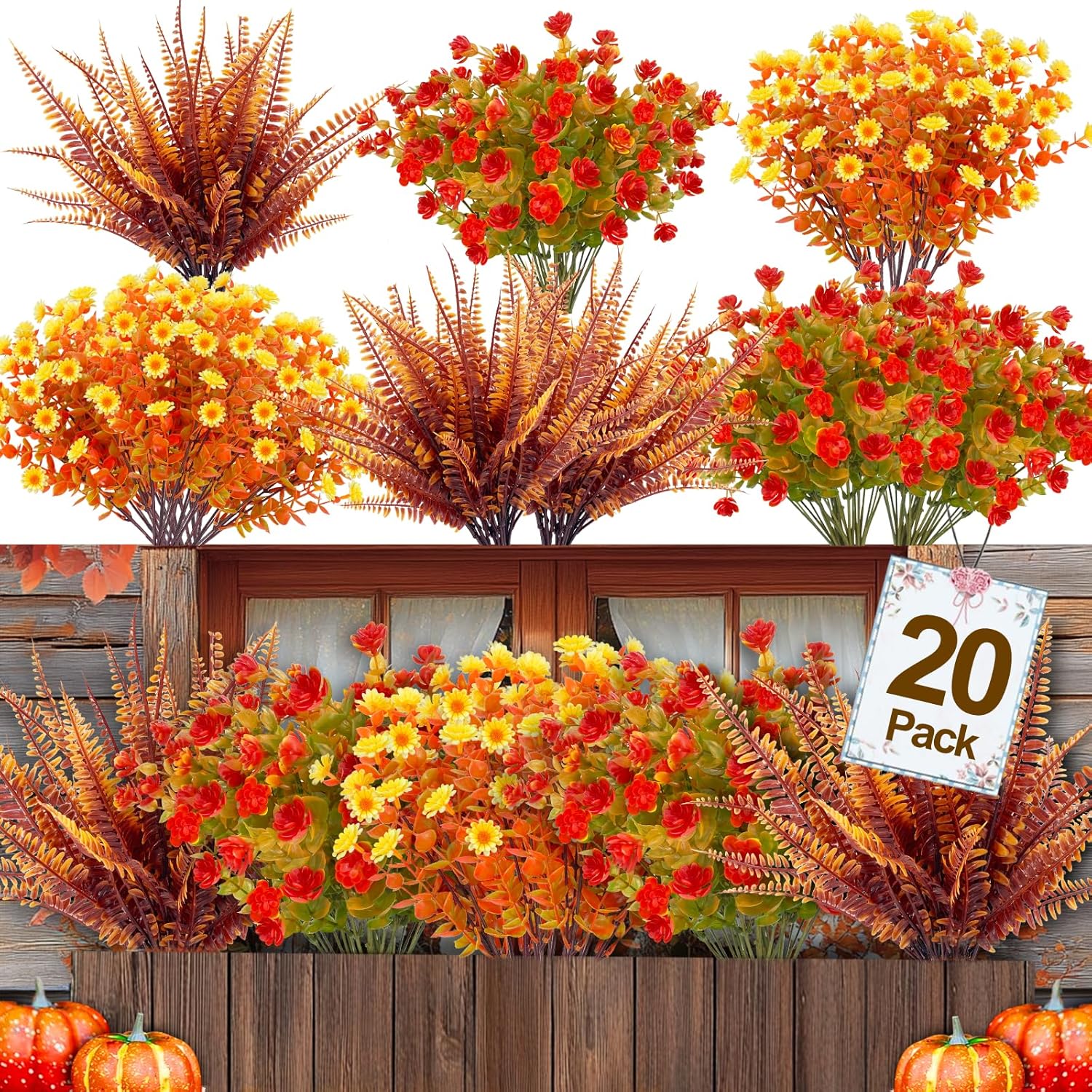 20 Bundles Artificial Fall Flowers for Outdoor Decorations