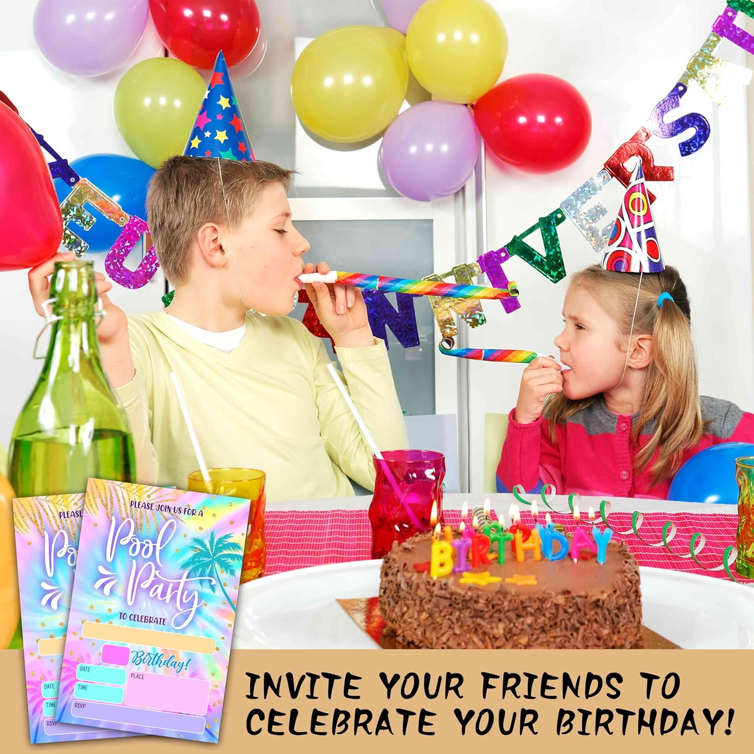 Tie Dye Birthday Invites for Kids 20 Cards with Envelopes