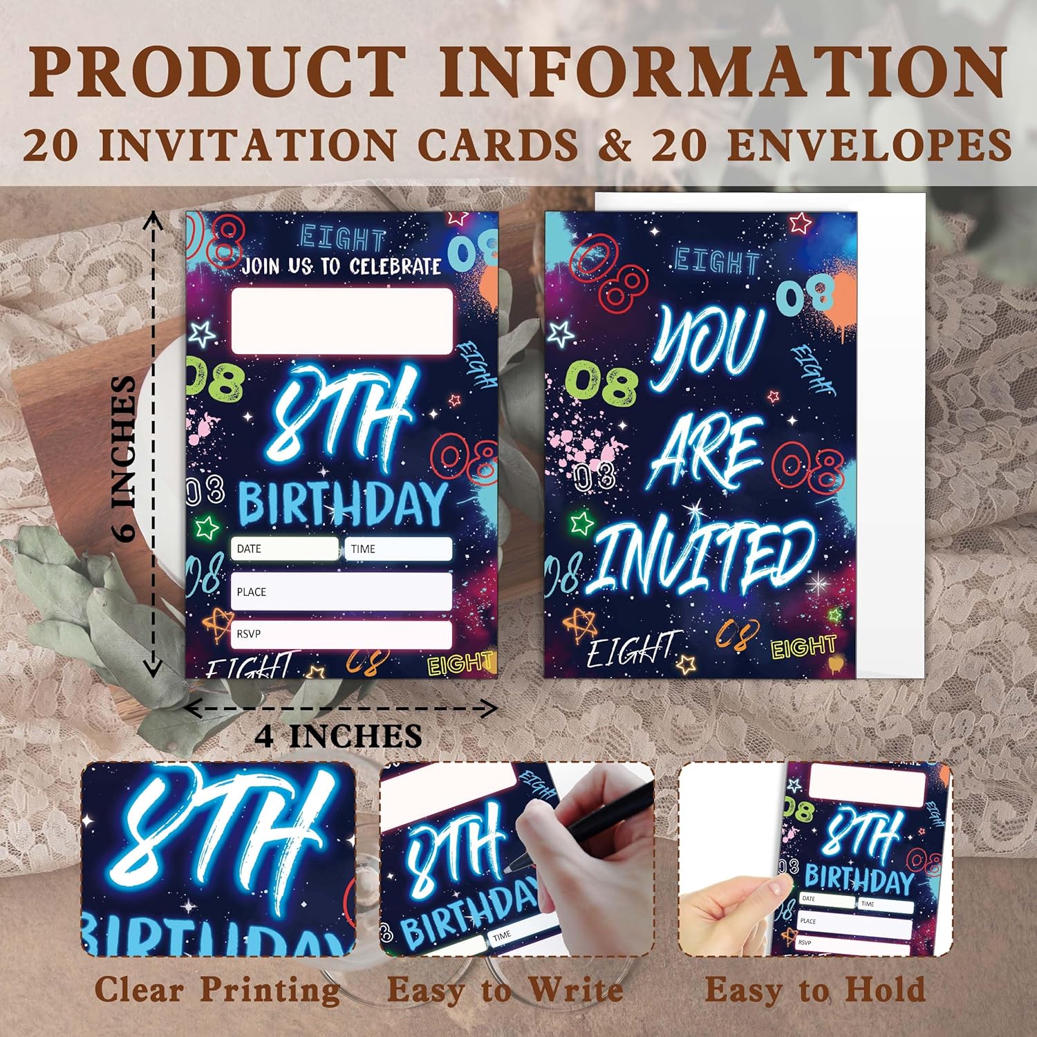 Blue 8th Birthday Invitations with Envelopes