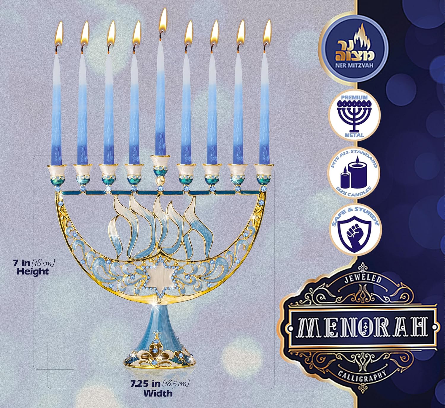 Ner Mitzvah Hanukkah Menorah with Blue Jewels and Star of David
