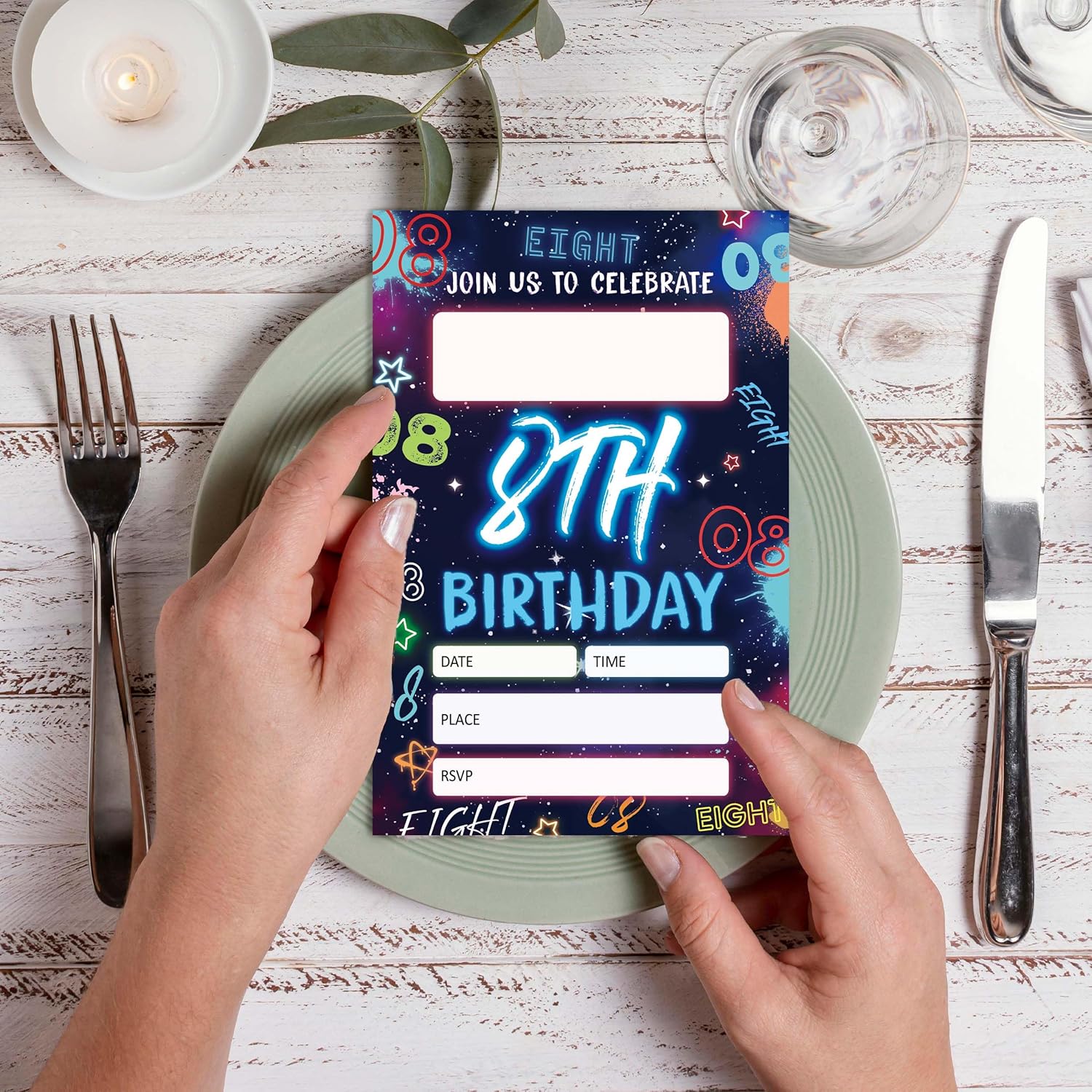 Blue 8th Birthday Invitations with Envelopes