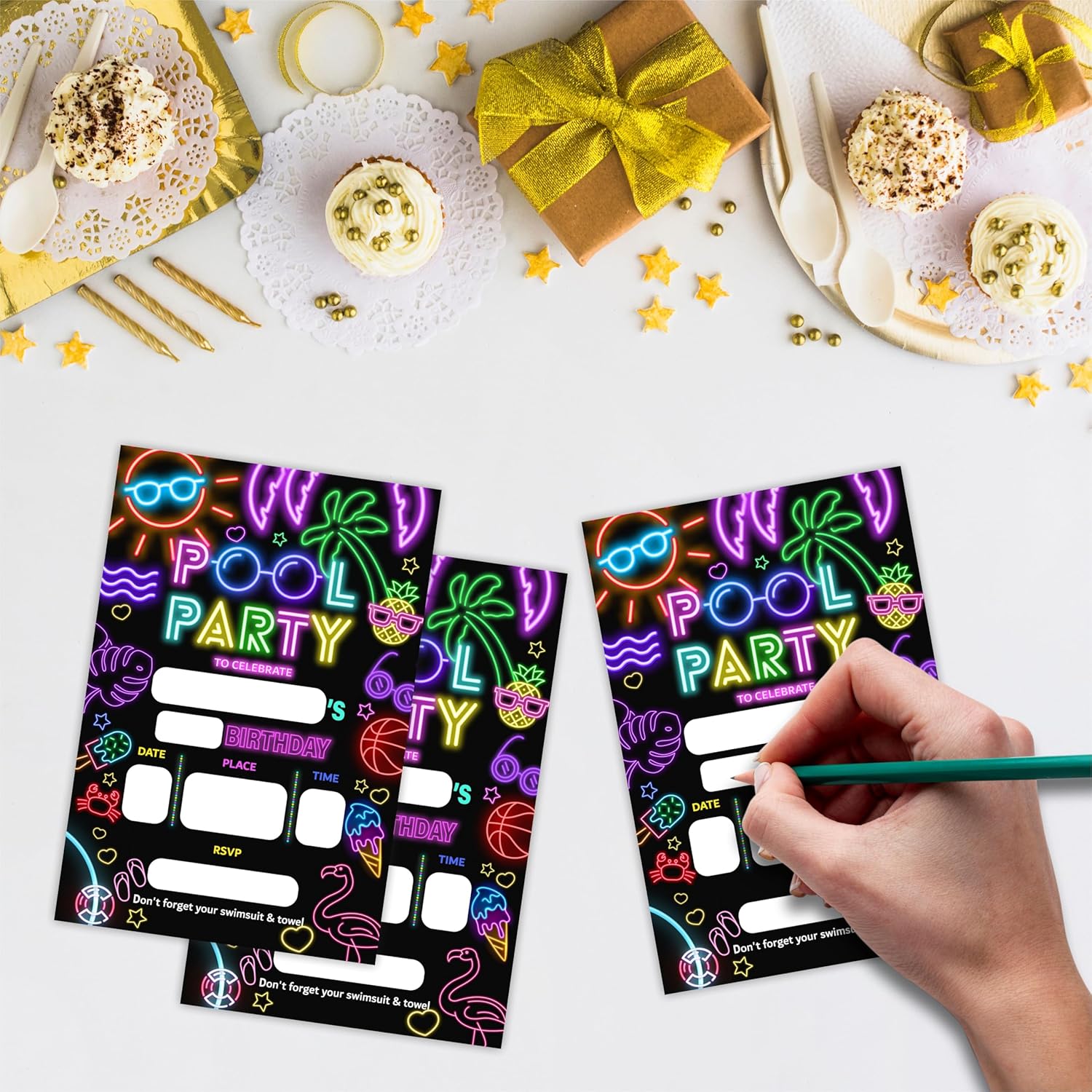 Neon Tropical Beach Birthday Invite Cards Set of 20 with Envelopes C09