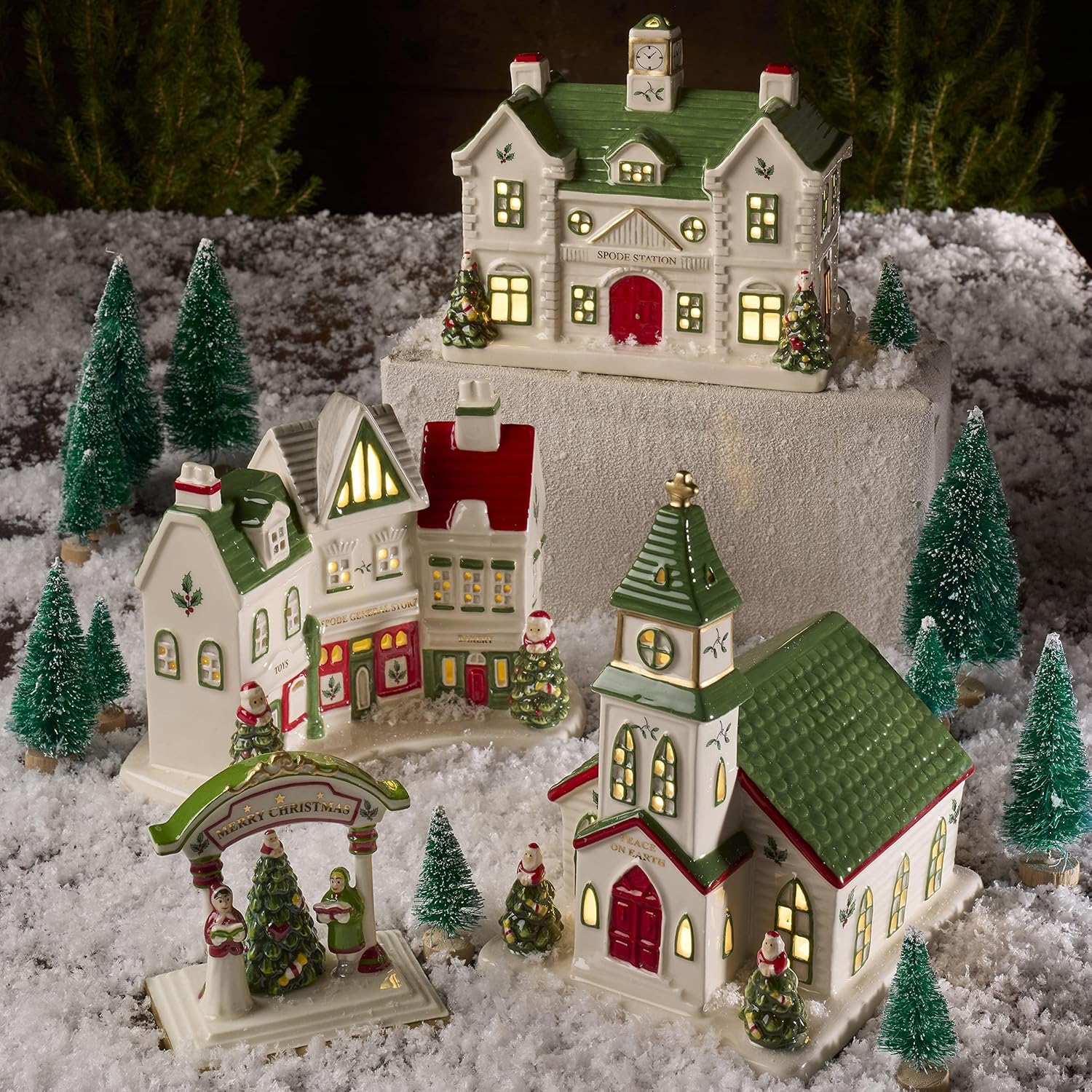 Spode Dolomite Christmas Village Set with LED Lighting