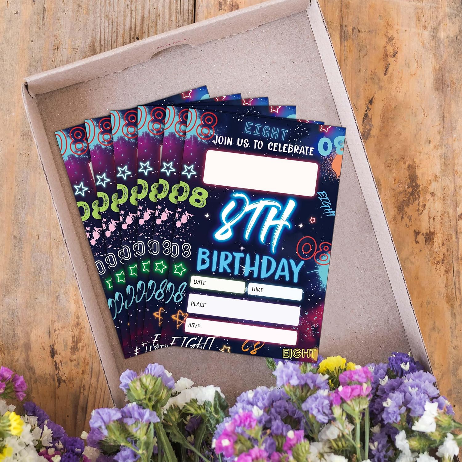 Blue 8th Birthday Invitations with Envelopes