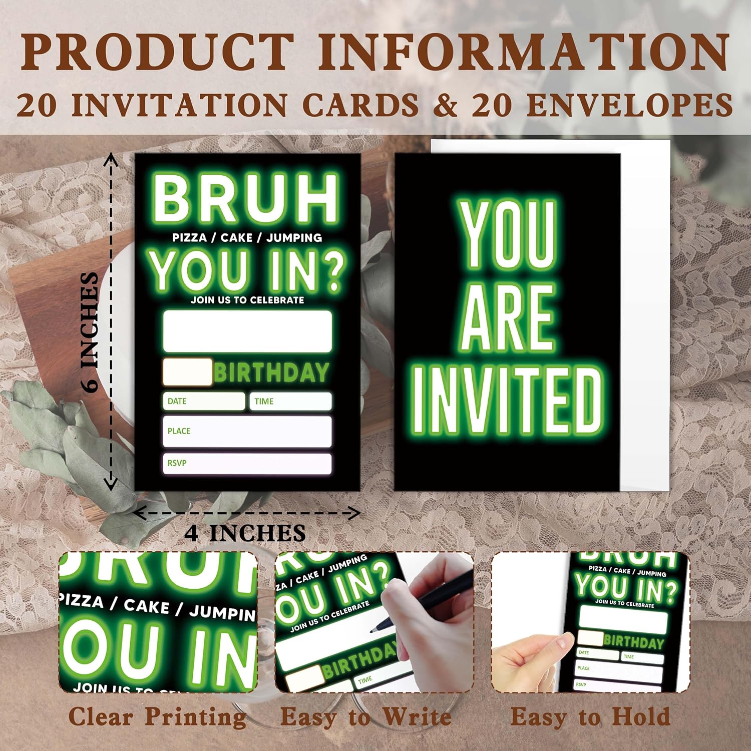 UIBOVA Birthday Invitations Glow Neon 20 Pcs 4x6 Party Invite Cards with Envelopes