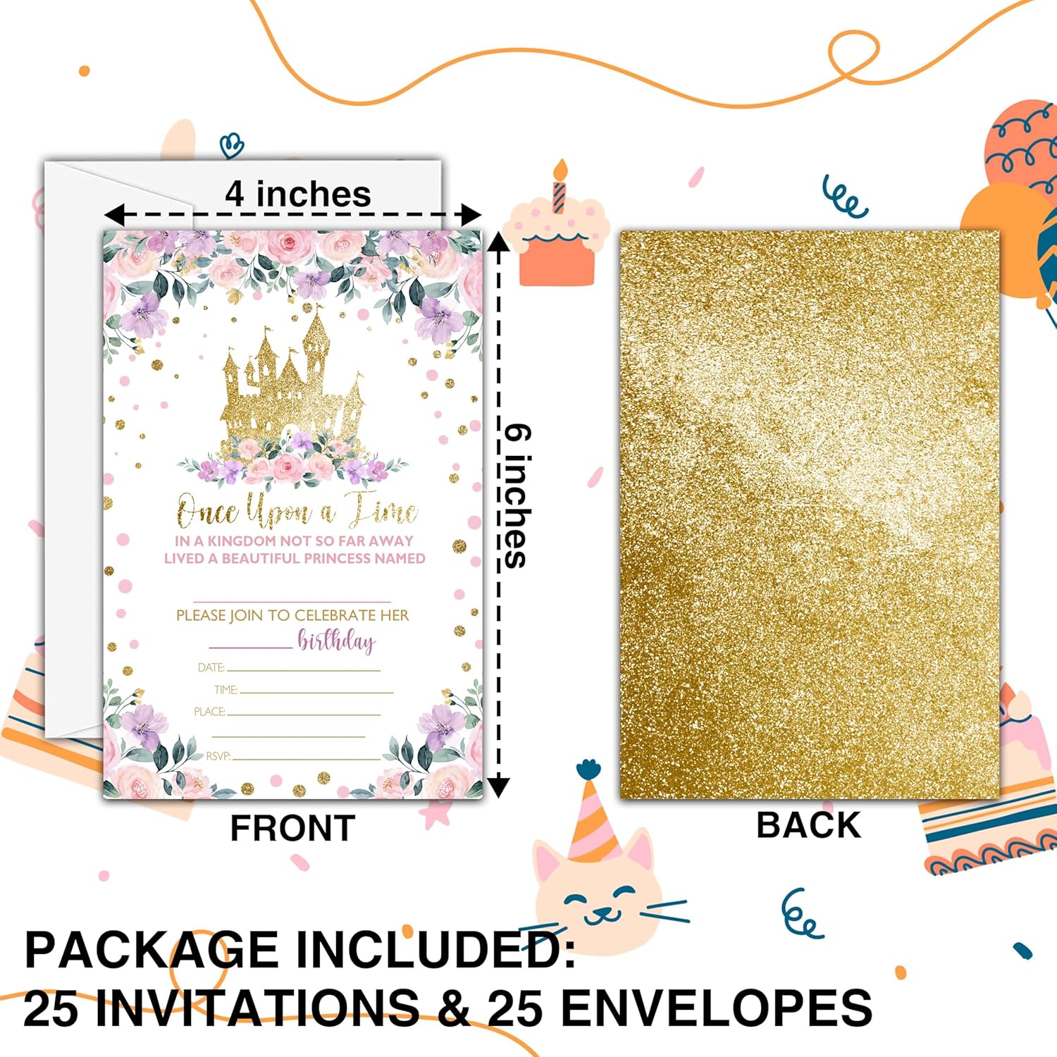 Princess Birthday Invitations with 25 Envelopes